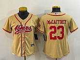 Women's San Francisco 49ers #23 Christian McCaffrey Gold With Patch Cool Base Stitched Baseball Jersey,baseball caps,new era cap wholesale,wholesale hats